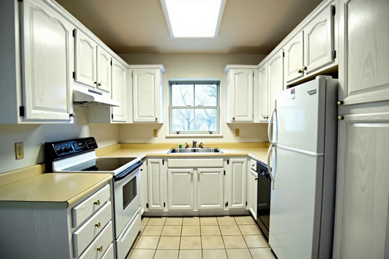 The same galley kitchen with white doors and drawer fronts on the original boxes, counter, floor and appliances unchanged.