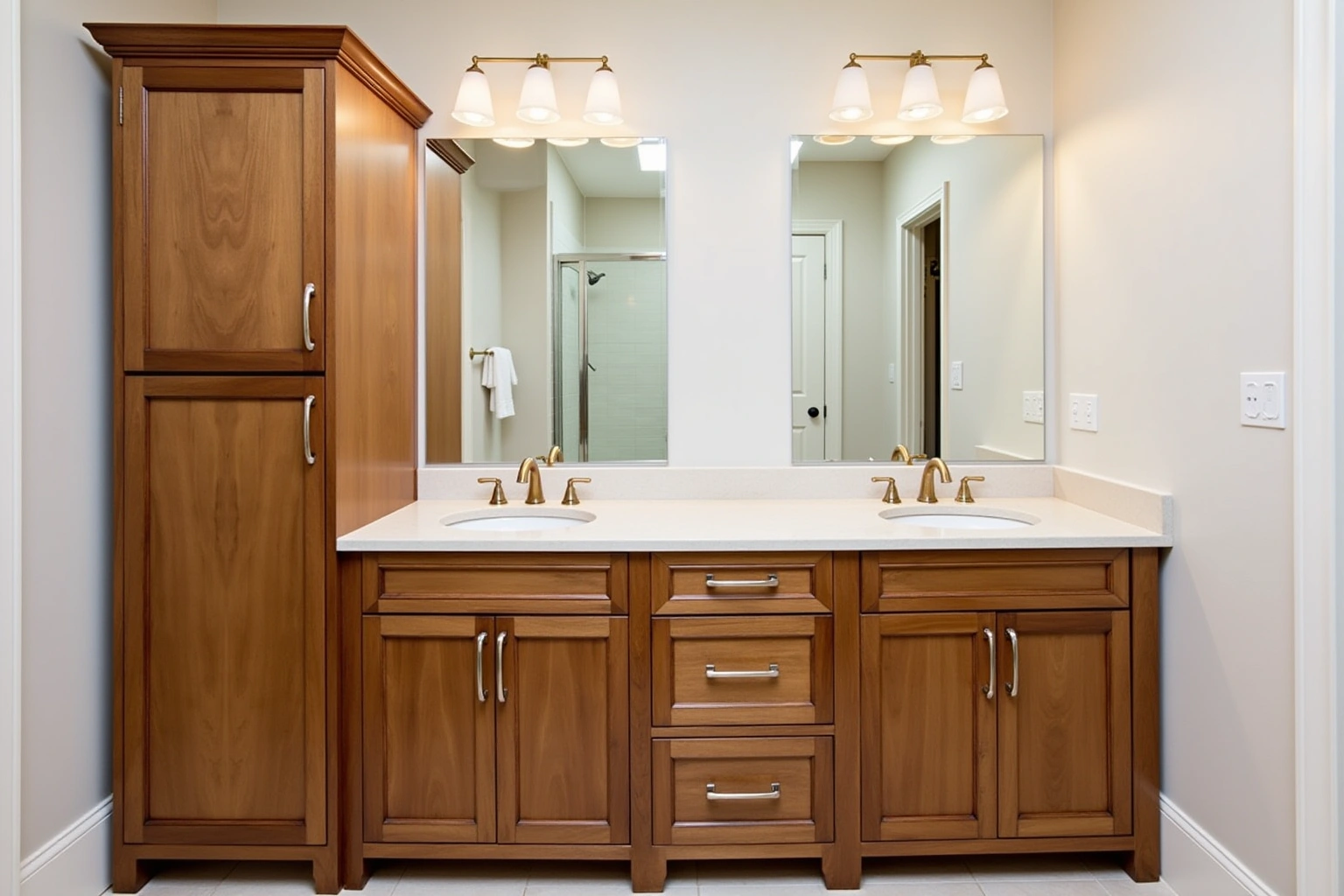 Warm wood double vanity with two undermount sinks, brass faucets, a tall linen cabinet and two mirrors.