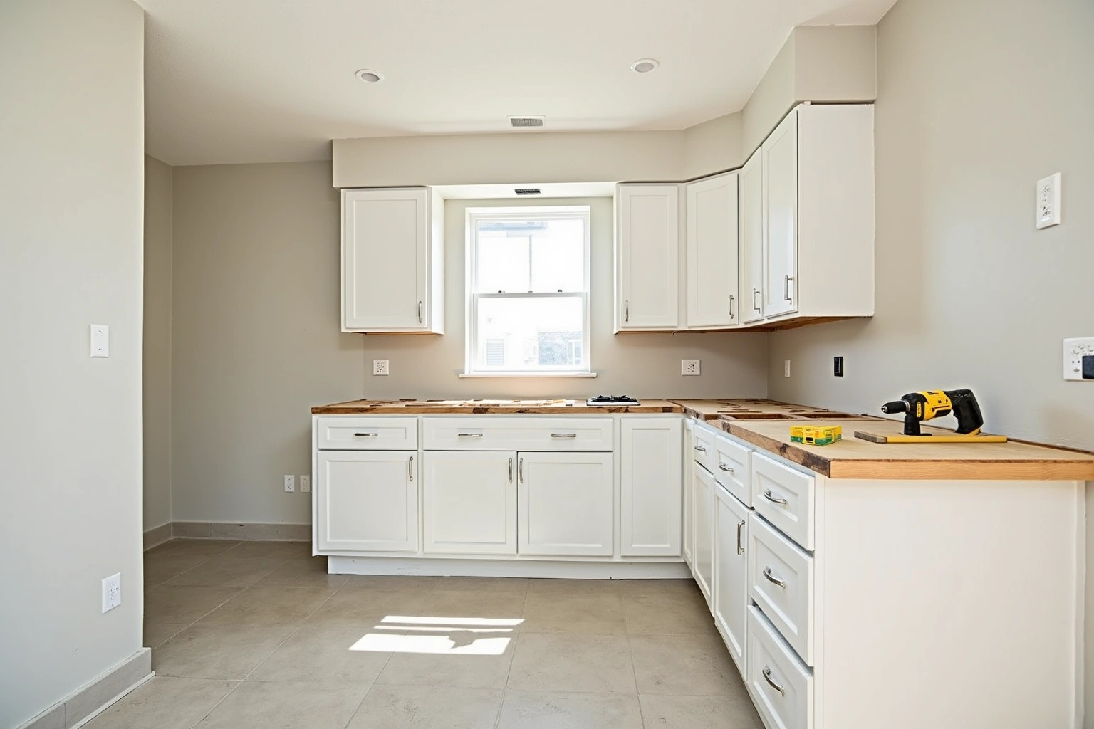 New-build kitchen with white shaker cabinets set on plywood subtops, no countertops yet, a drill on the counter.