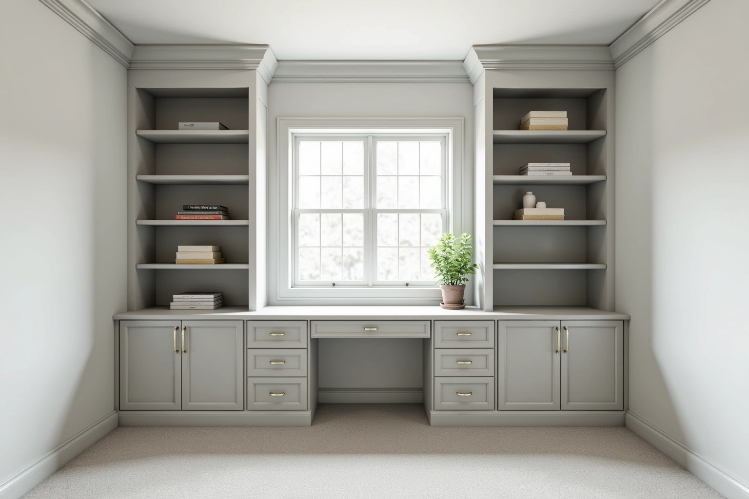 Home office with soft grey built-in bookcases flanking a window and a built-in desk with drawer pedestals.
