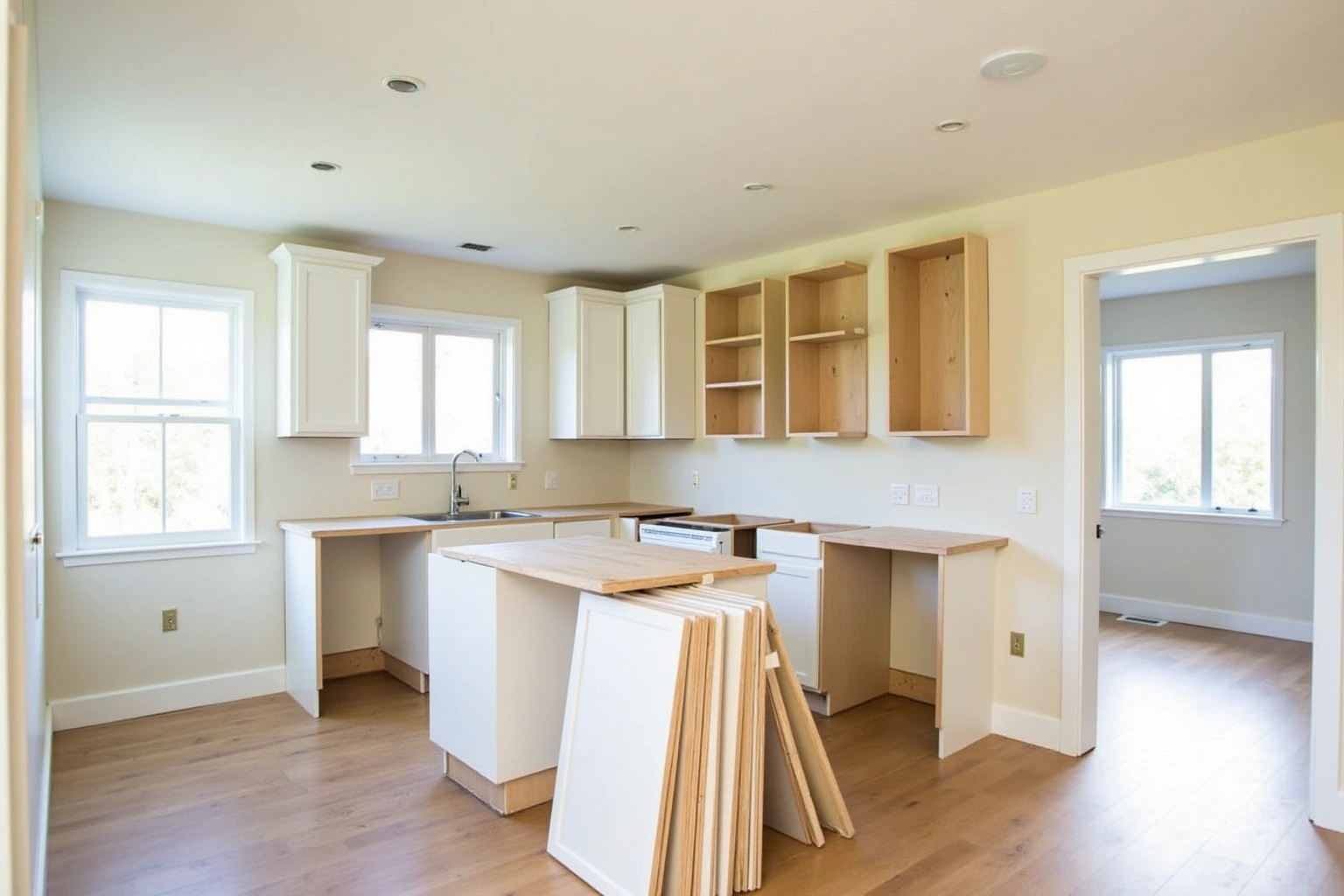 Kitchen mid-refacing with some white doors hung, bare cabinet boxes and a stack of new doors leaning on the island.