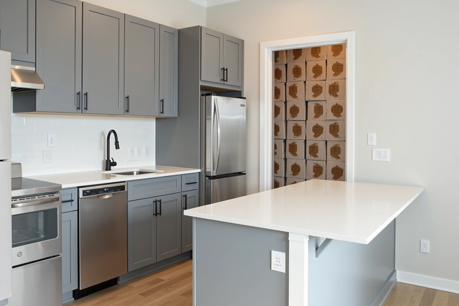 Apartment kitchen with grey shaker cabinets, a white quartz peninsula and stainless appliances, boxes stacked in a doorway.