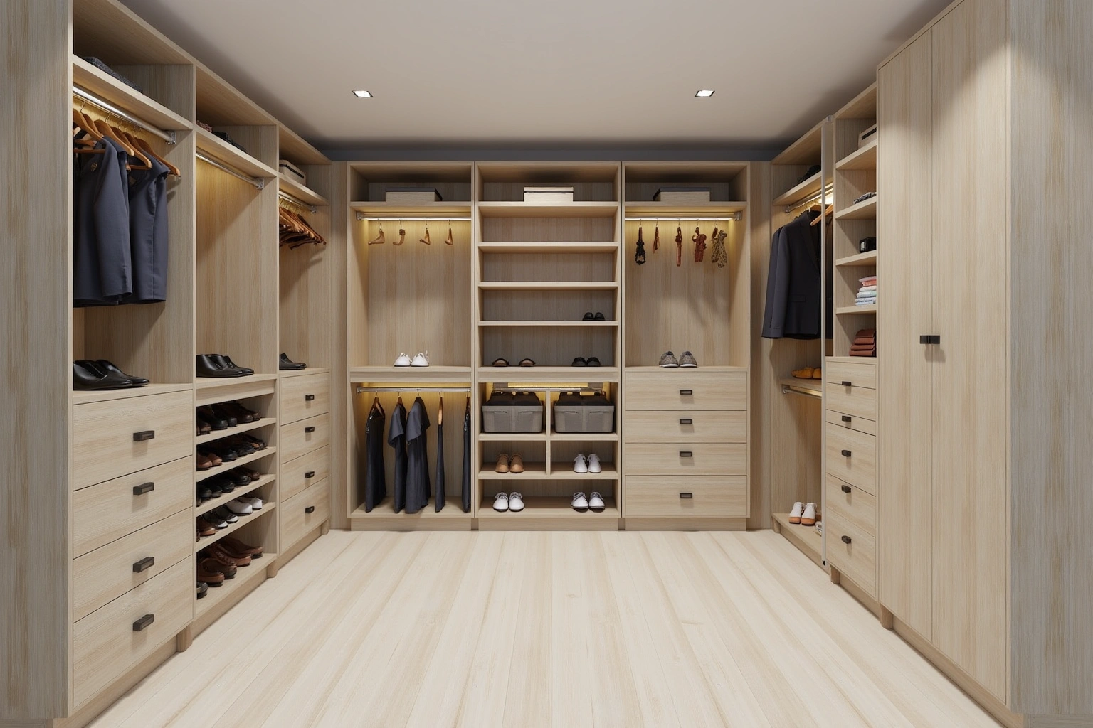 Walk-in closet in light oak with hanging sections, shoe shelves, drawer banks and lit rods.