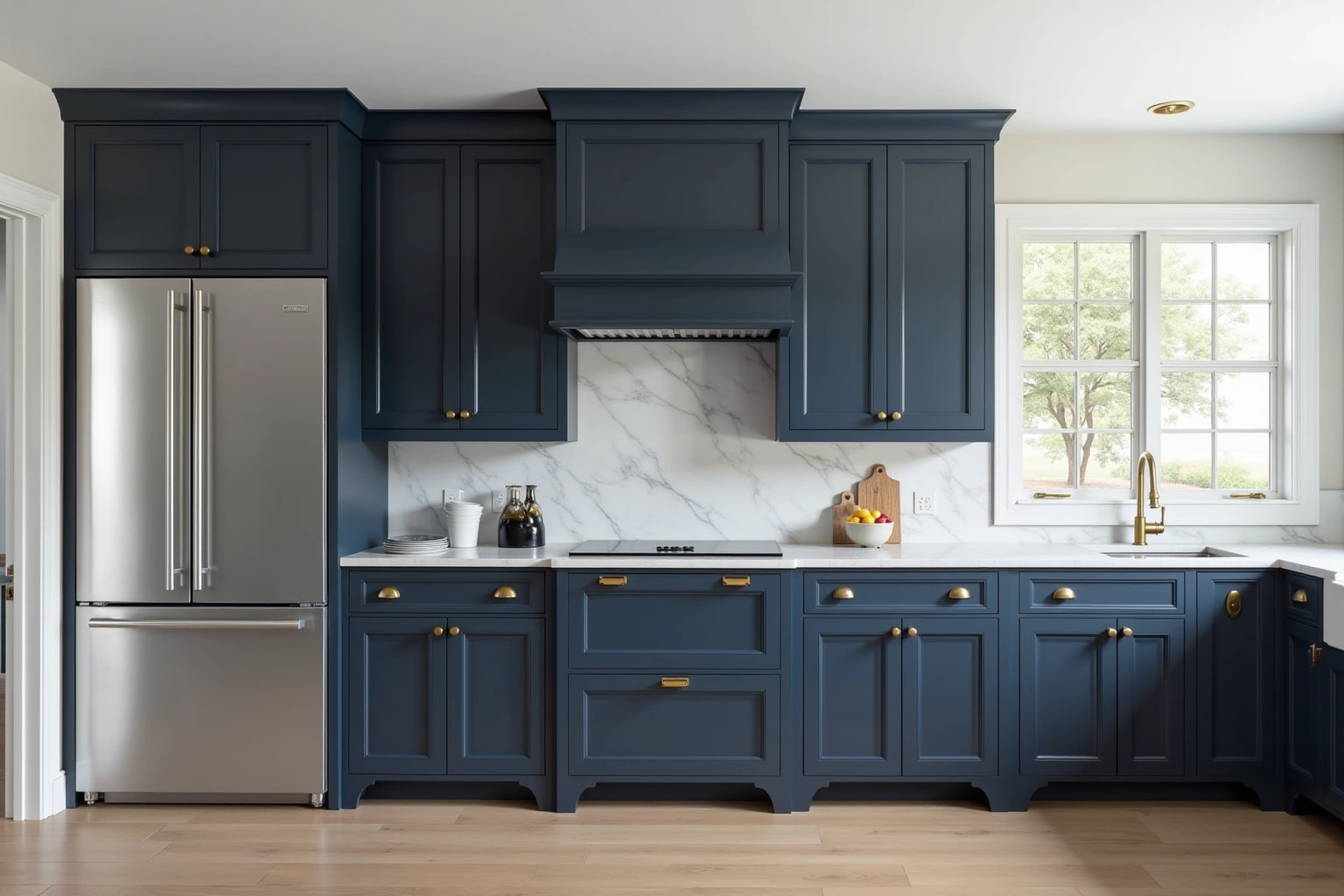 Floor-to-ceiling navy cabinets with a matching range hood, brass cup pulls, marble backsplash and a stainless refrigerator.