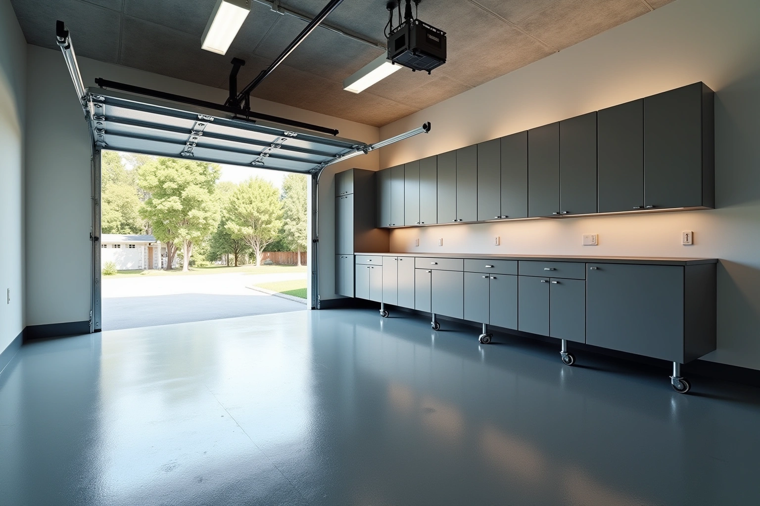 Empty garage with grey steel upper and lower cabinets on casters, a workbench counter and a glossy epoxy floor.