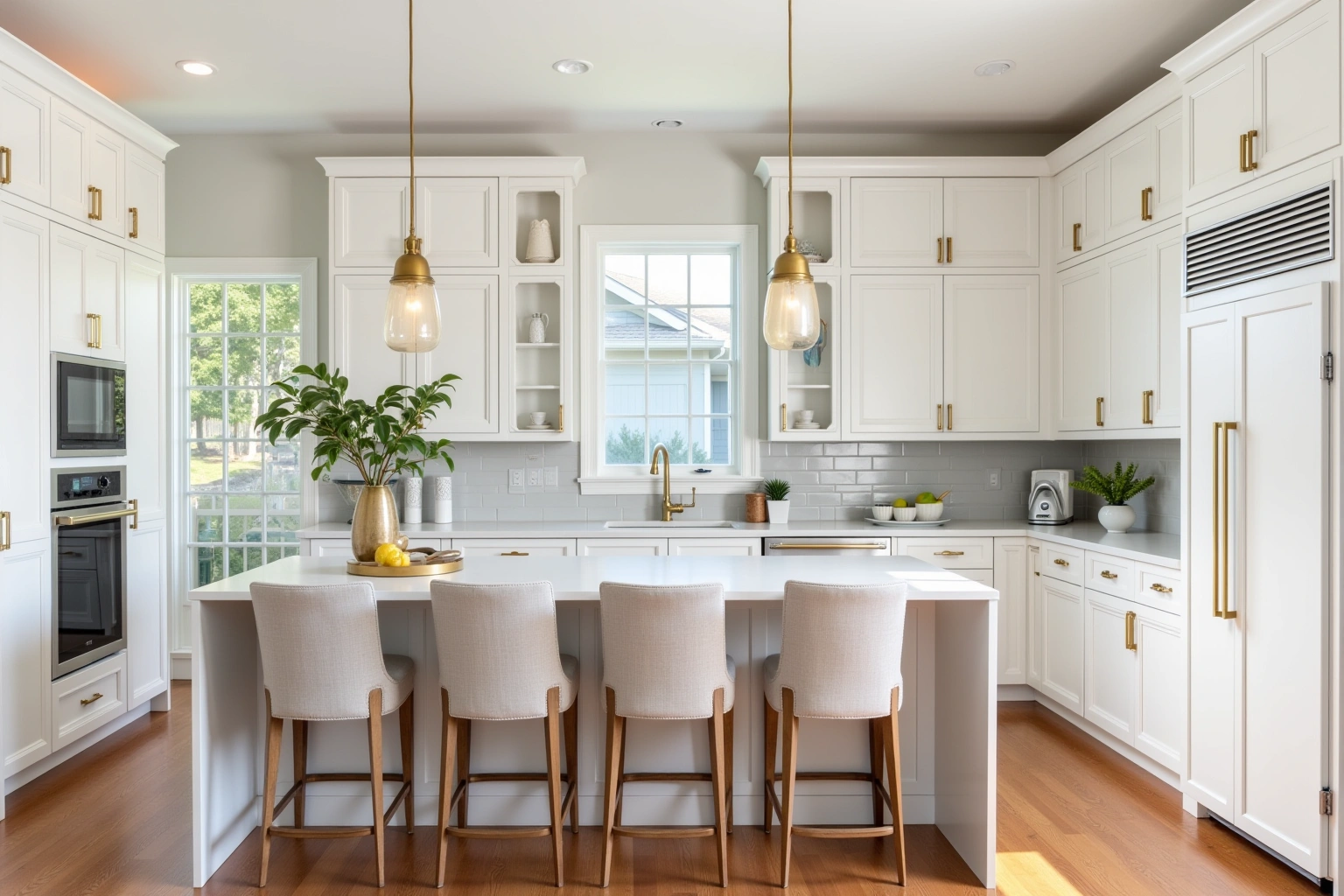 White shaker kitchen with brass pulls, a white island with four upholstered stools and two brass pendants.