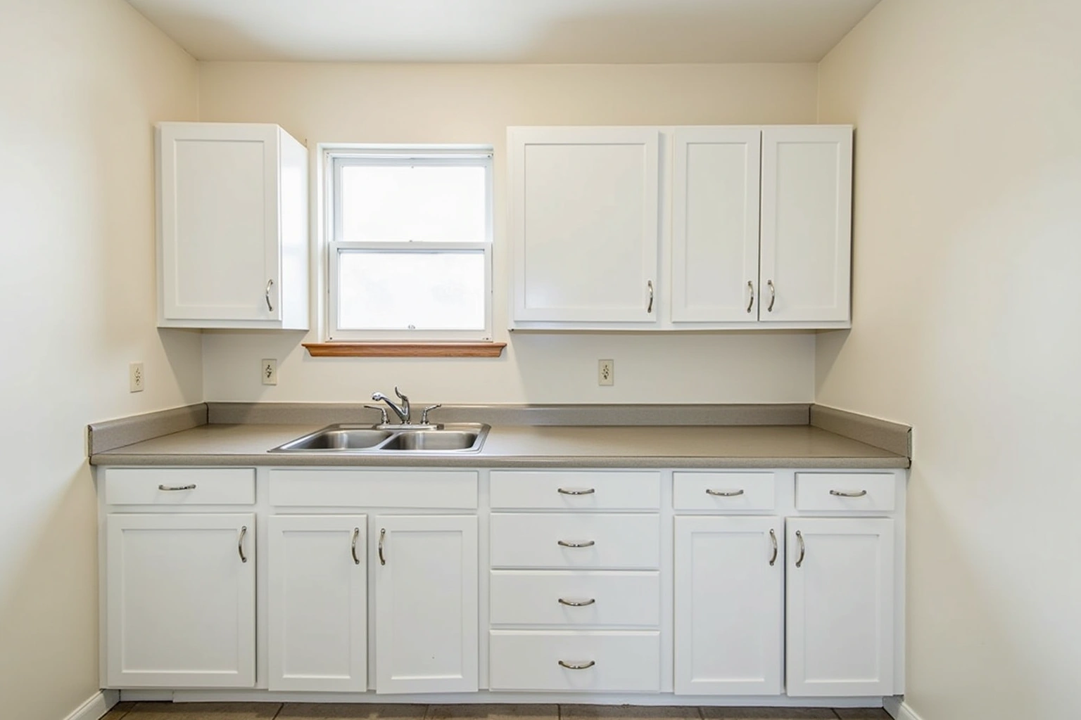 Simple kitchen with white stock shaker cabinets, a grey laminate counter, a double sink and a small window.