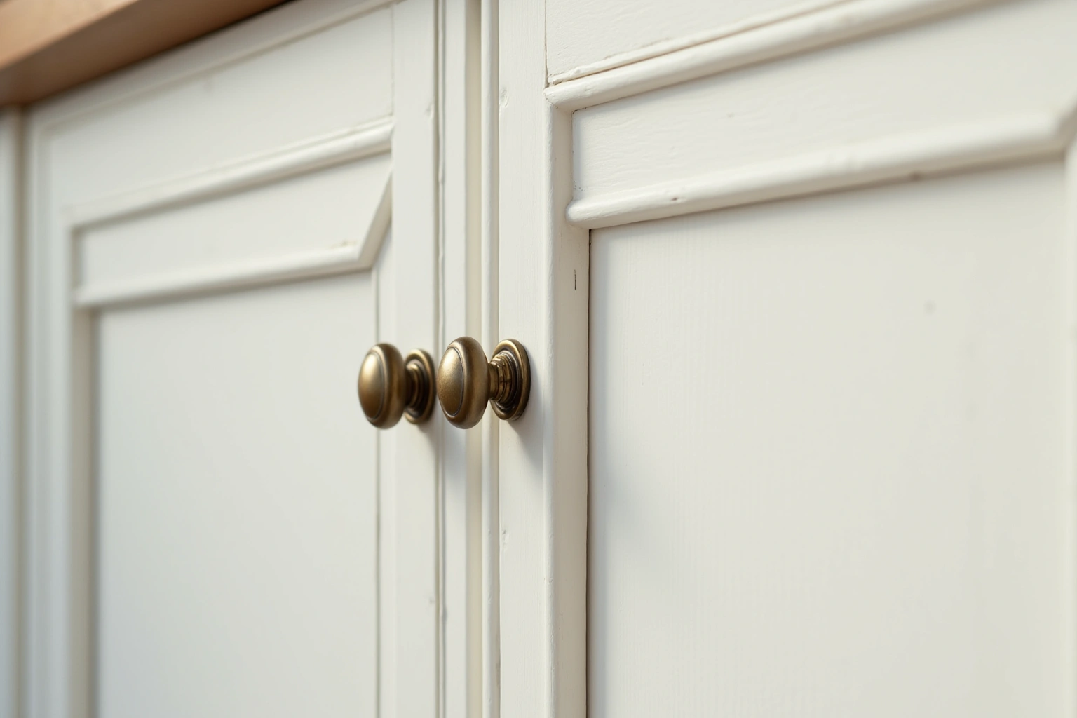 Close view of soft white inset cabinet doors with two brass knobs and a narrow even reveal.