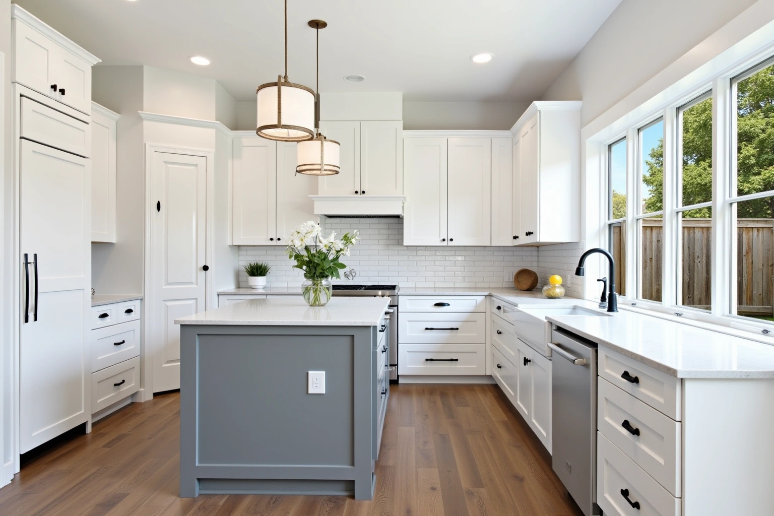 White shaker kitchen with matte black pulls, a grey island, white subway tile and quartz counters by a window.