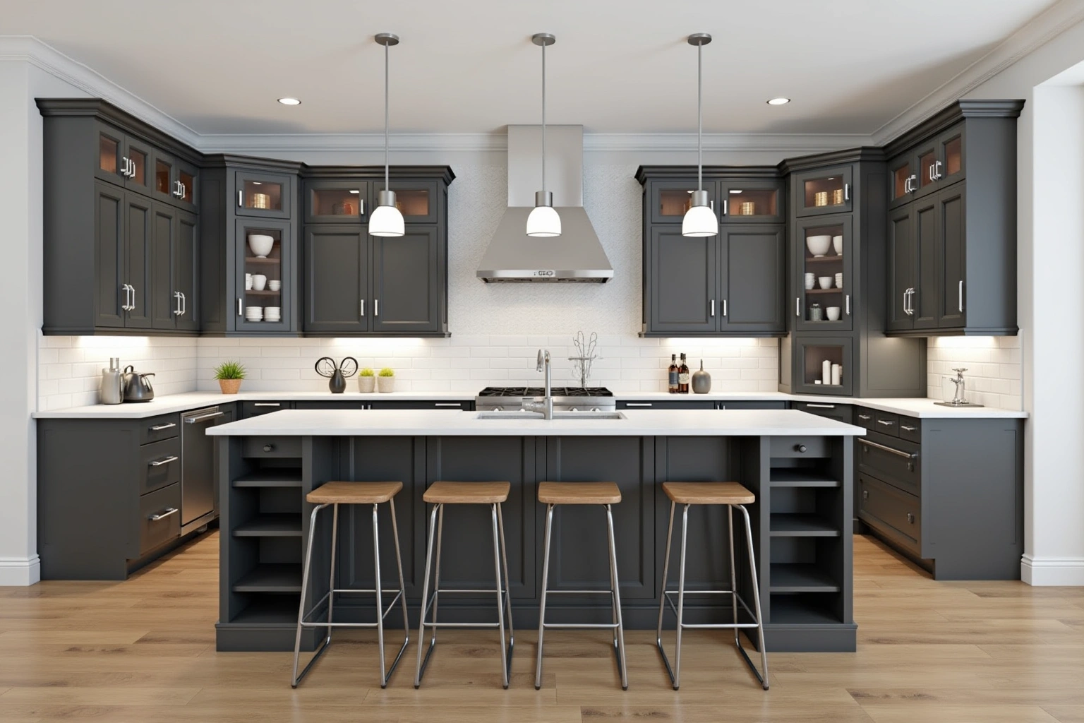 Large charcoal island with open end shelves, four stools, a white quartz top and three pendant lights.