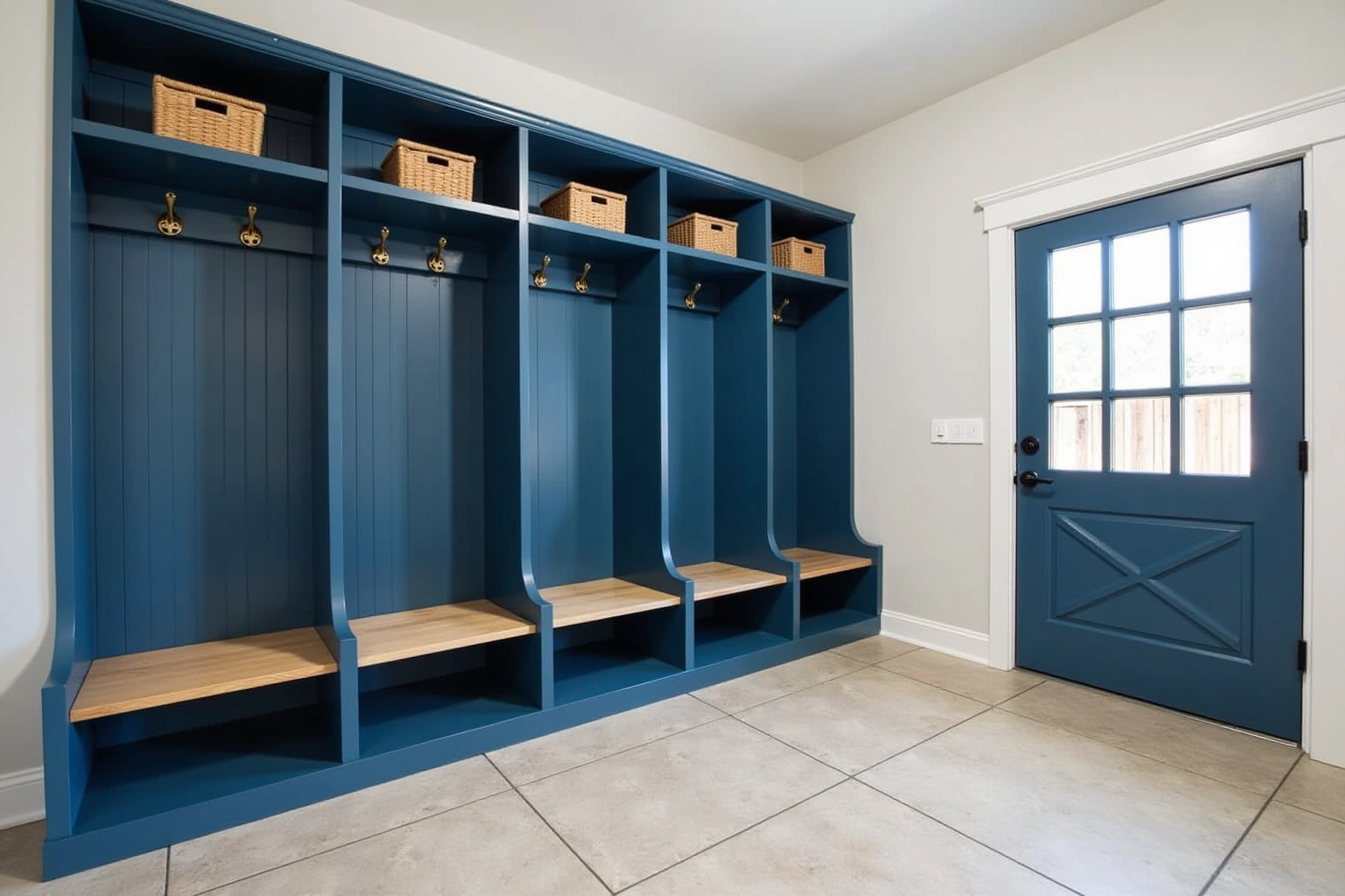 Mudroom with five deep blue built-in lockers, each with a bench, brass hooks and a basket cubby above.