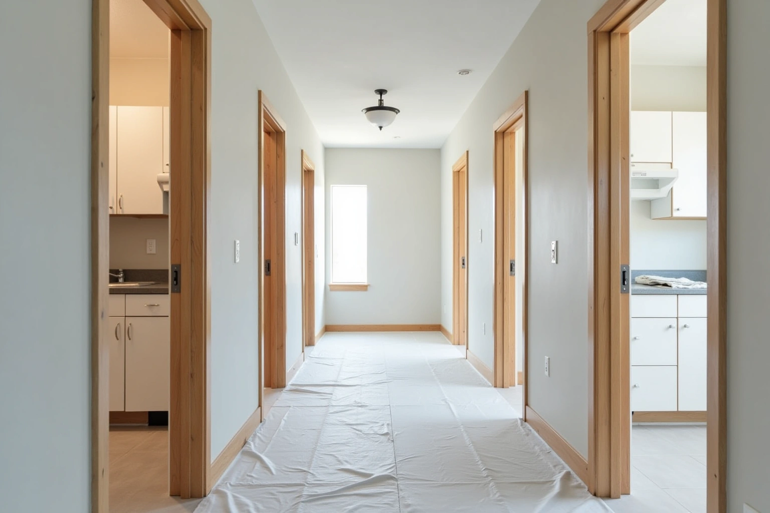 Corridor of a new apartment building with open doors showing identical white kitchens and paper-covered floors.