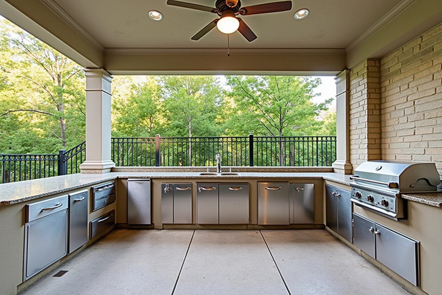 Covered patio kitchen with stainless steel doors and drawers under a granite counter, a built-in grill and a ceiling fan.
