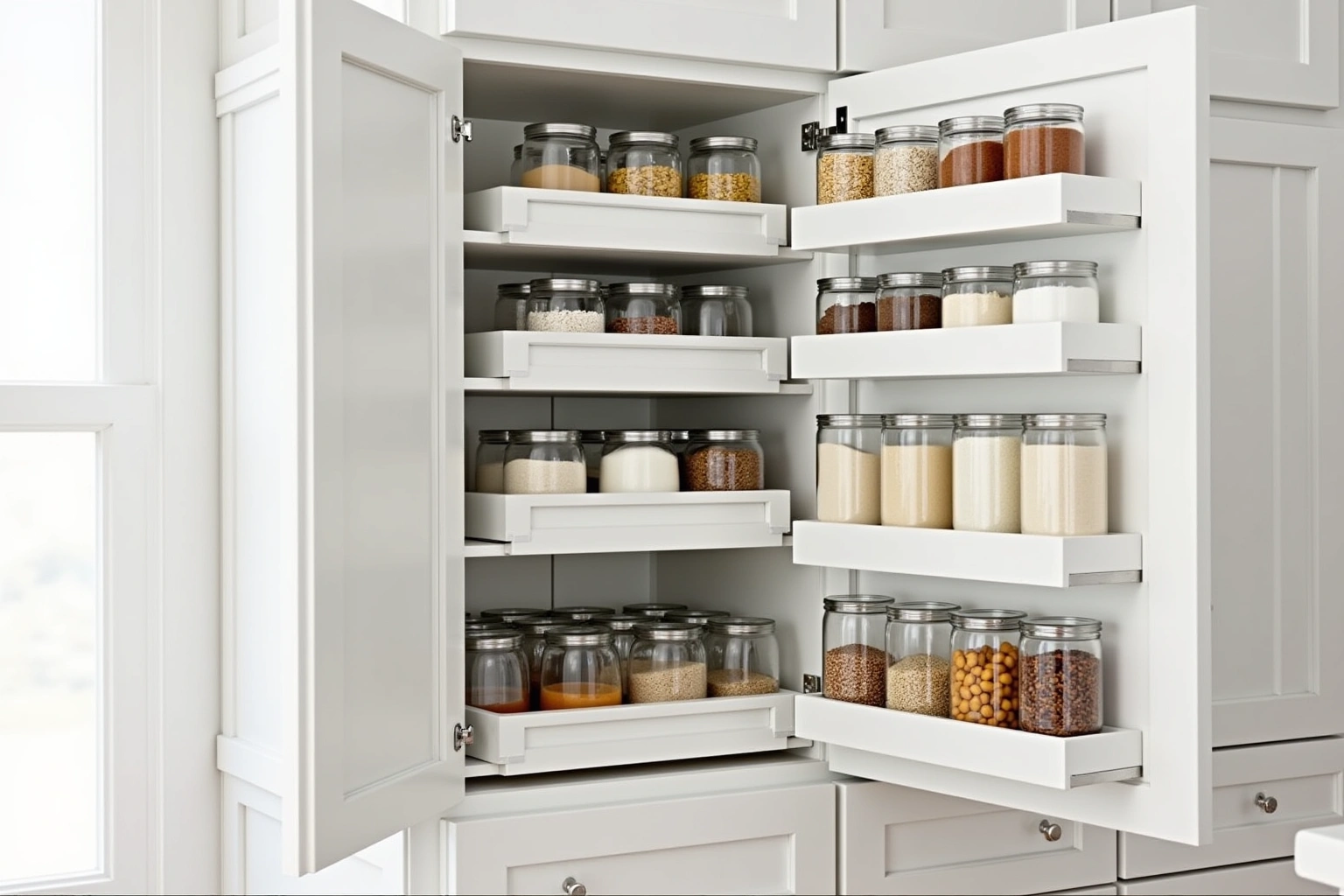 Tall white pantry with doors open showing roll-out trays and door racks of unlabeled glass jars of dry goods.