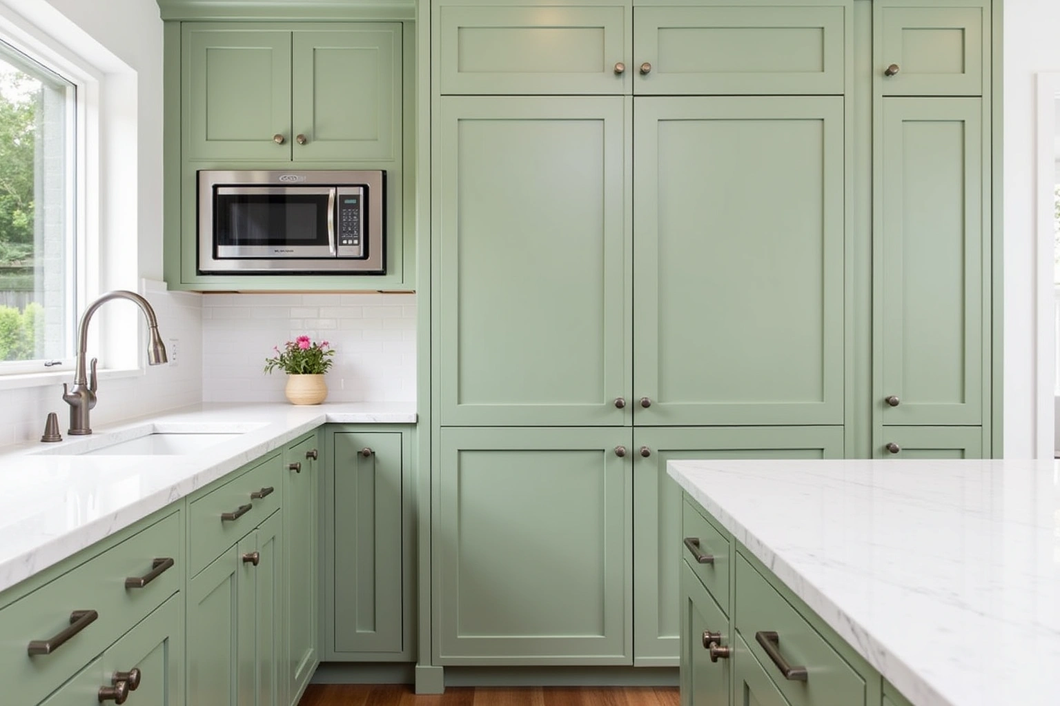 Sage green shaker cabinets with a tall pantry, a built-in microwave, bronze hardware and white marble counters.