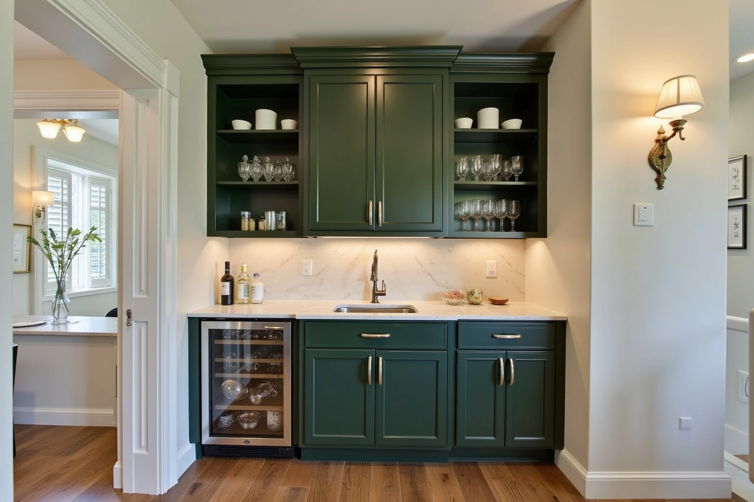 Dark green butler's pantry with open glassware shelves, a bar sink, a marble counter and an undercounter beverage fridge.