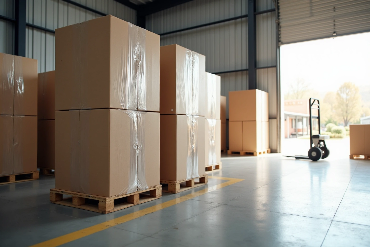 Shrink-wrapped cabinet cartons stacked on wooden pallets in a warehouse beside an open loading door and a hand truck.
